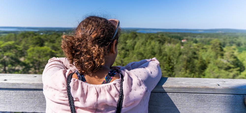 Ett barn som står i ett utkikstorn och tittar ut över skog