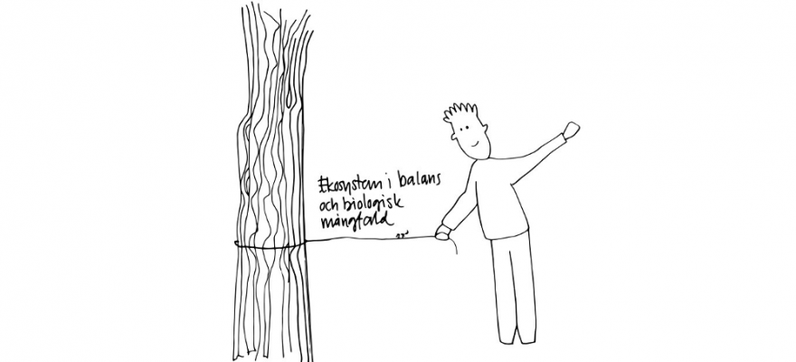 En tecknad bild med en korthårig person i byxor som håller ena änden av ett snöre, snöret sitter fast om en trädstam