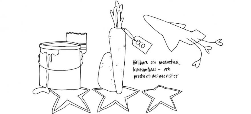 En teckning med en målarpyts med pensel, en morot och potatis med en eko-lapp, ett flygplan med hjärtgroddar efter, stjärnor under bilderna.