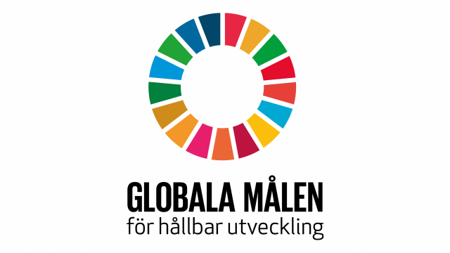 Logotyp för de globala målen för hållbar utveckling, en rund cirkel med pajbitar i olika färger.